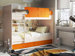 Кровать двухъярусная Тетрис латы с бортиками дуб млечный-оранжевый в Златоусте - zlatoust.magazinmebel.ru | фото